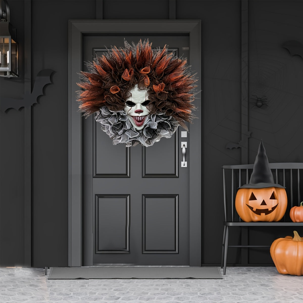 Halloween Clown Door Wreath  Layered Mesh Design With Scary Face - Product detail 4