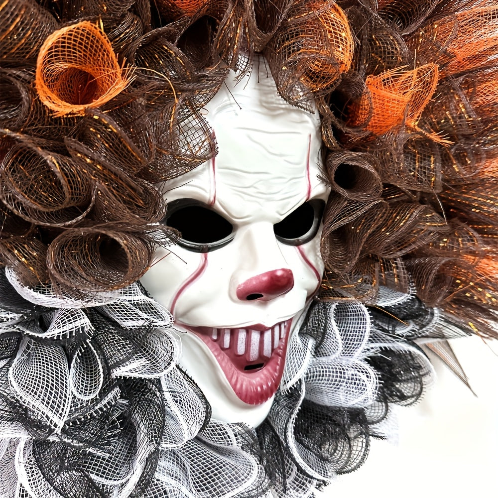 Halloween Clown Door Wreath  Layered Mesh Design With Scary Face - Product showcase