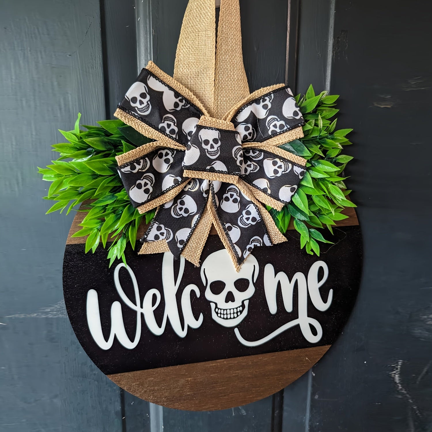 Halloween Door Wreath  Wooden Skull Welcome Sign - Detailed view