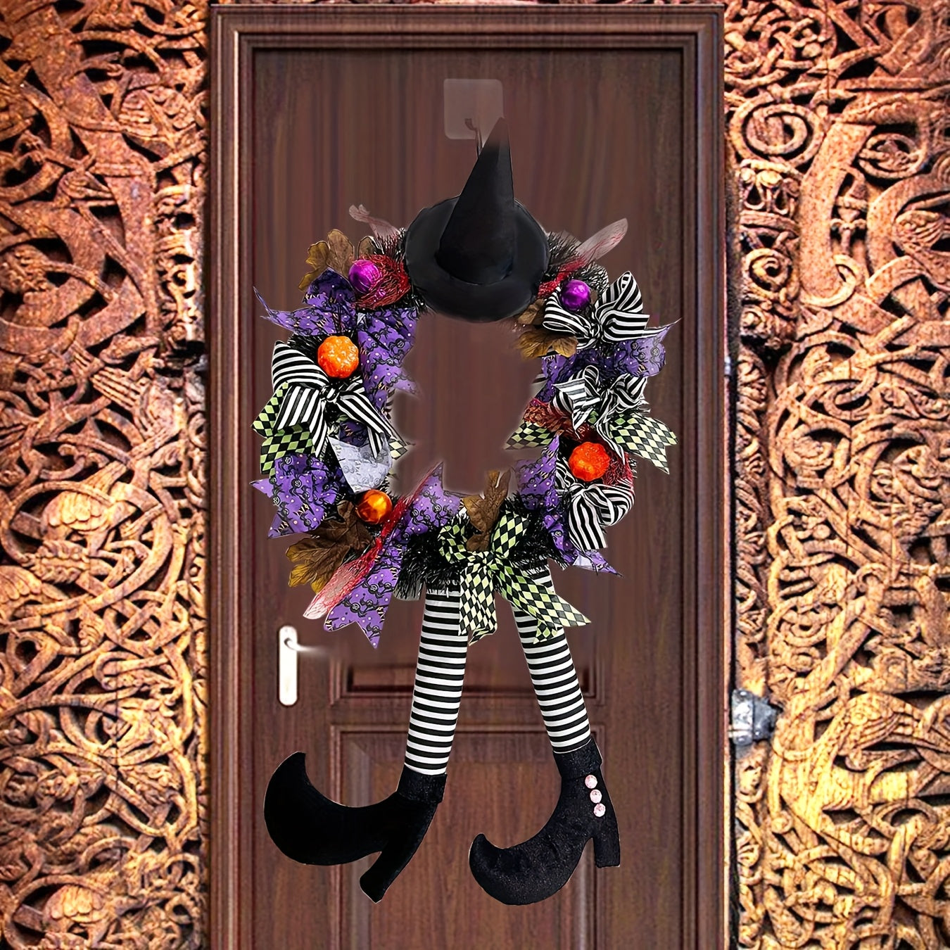 Halloween Door Wreath  Witch Legs With Striped Stockings - Detailed view