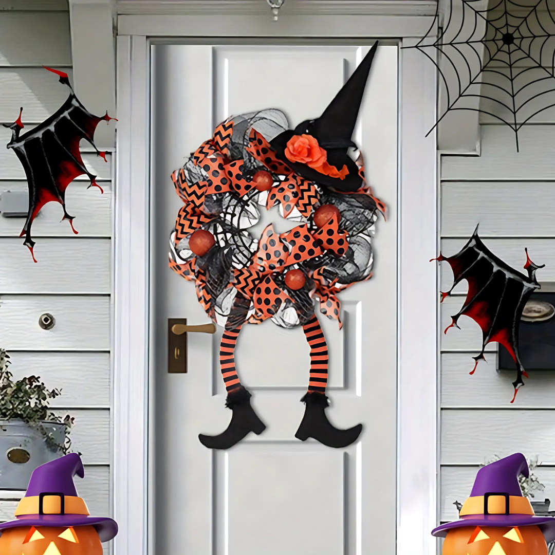Halloween Door Wreath  Witch Legs Mesh Design - Product example