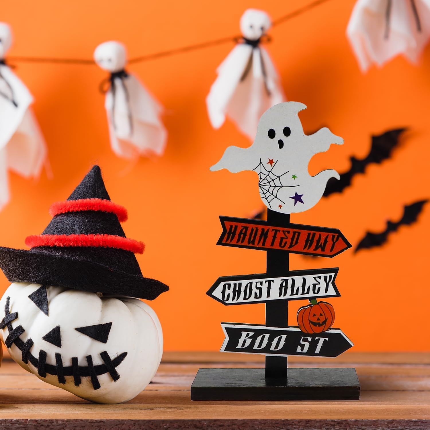 Halloween Directional Sign  Ghost  Pumpkin Wood Display - Detailed view