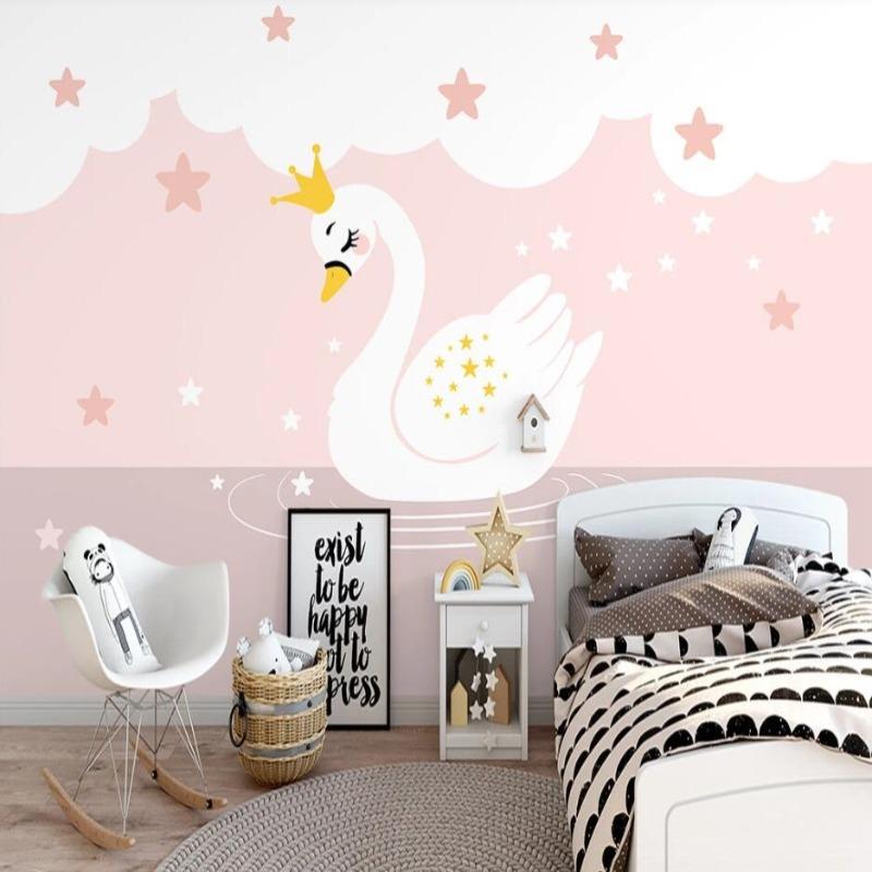 Swan Princess Mural Wallpaper | Pink Starry Design with Crown