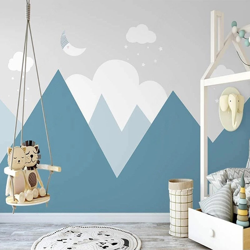 Mountain Mural Wallpaper | Blue Peaks with Dreamy Clouds