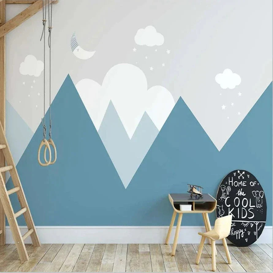 Mountain Mural Wallpaper | Blue Peaks with Dreamy Clouds