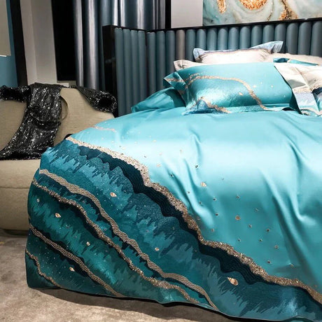 Luxury Egyptian Cotton Duvet Set  Ocean Wave Design With Gold Accents - Product detail 15