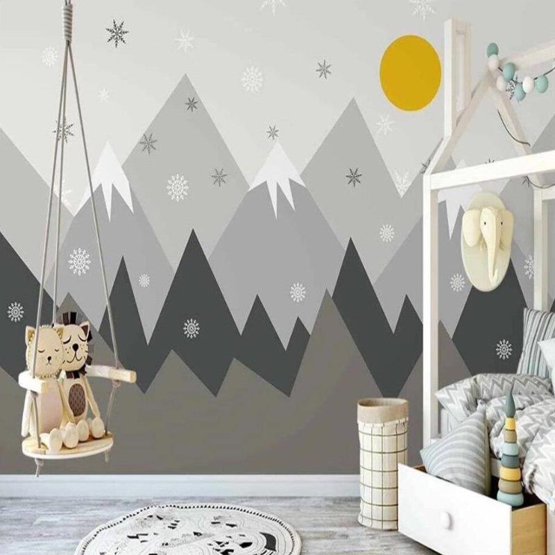 Mountain Mural Wallpaper | Snowy Peaks with Golden Sun