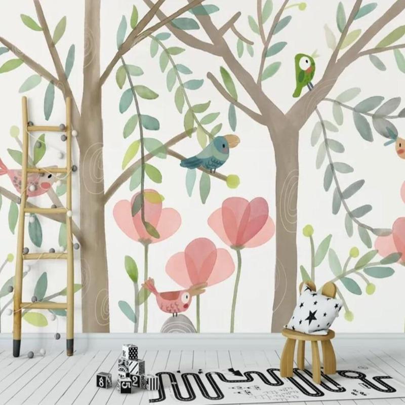 Forest Birds Mural Wallpaper | Enchanted Garden with Pink Flowers