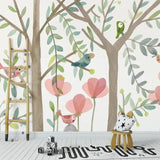 Forest Birds Mural Wallpaper | Enchanted Garden with Pink Flowers