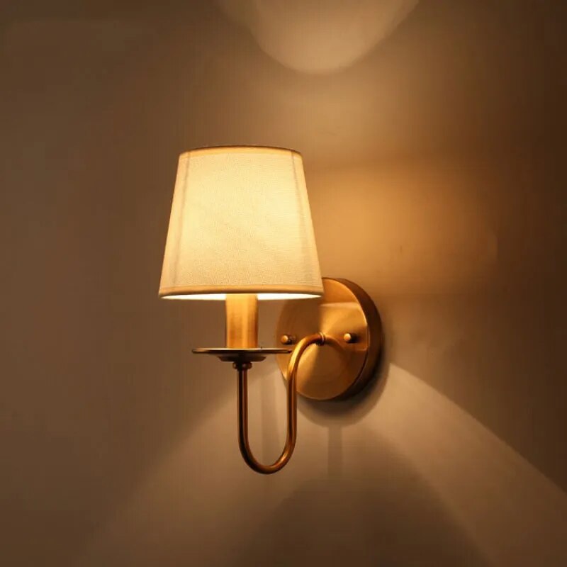 Modern Brass Wall Sconce  Fabric Shade Classic Design - Detailed view