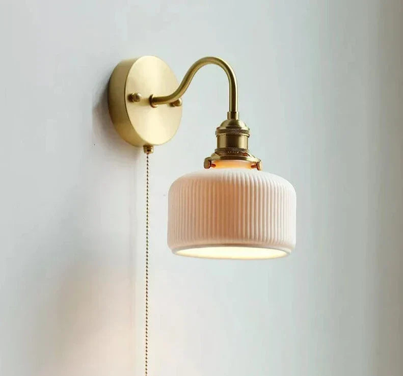 Nordic Ceramic Wall Light  Ribbed Glass Shade With Brass Fixture - Detailed view