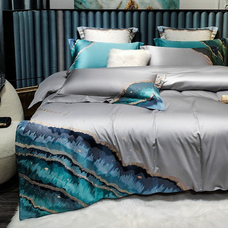 Luxury Egyptian Cotton Duvet Set  Ocean Wave Design With Gold Accents - Product detail 16
