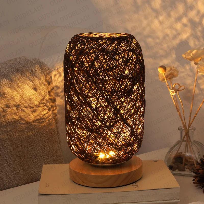 Rattan Table Lamp  Woven Rope Shade With Wood Base - Product example