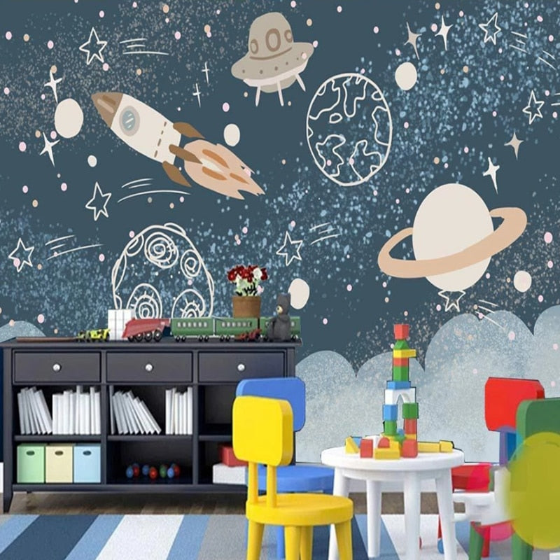 Space Mural Wallpaper | Cosmic Adventure with Rockets and Planets