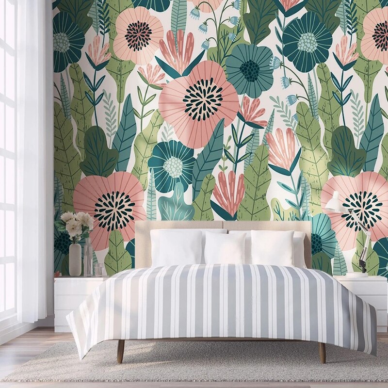 Floral Mural Wallpaper | Pink and Teal Botanical Pattern