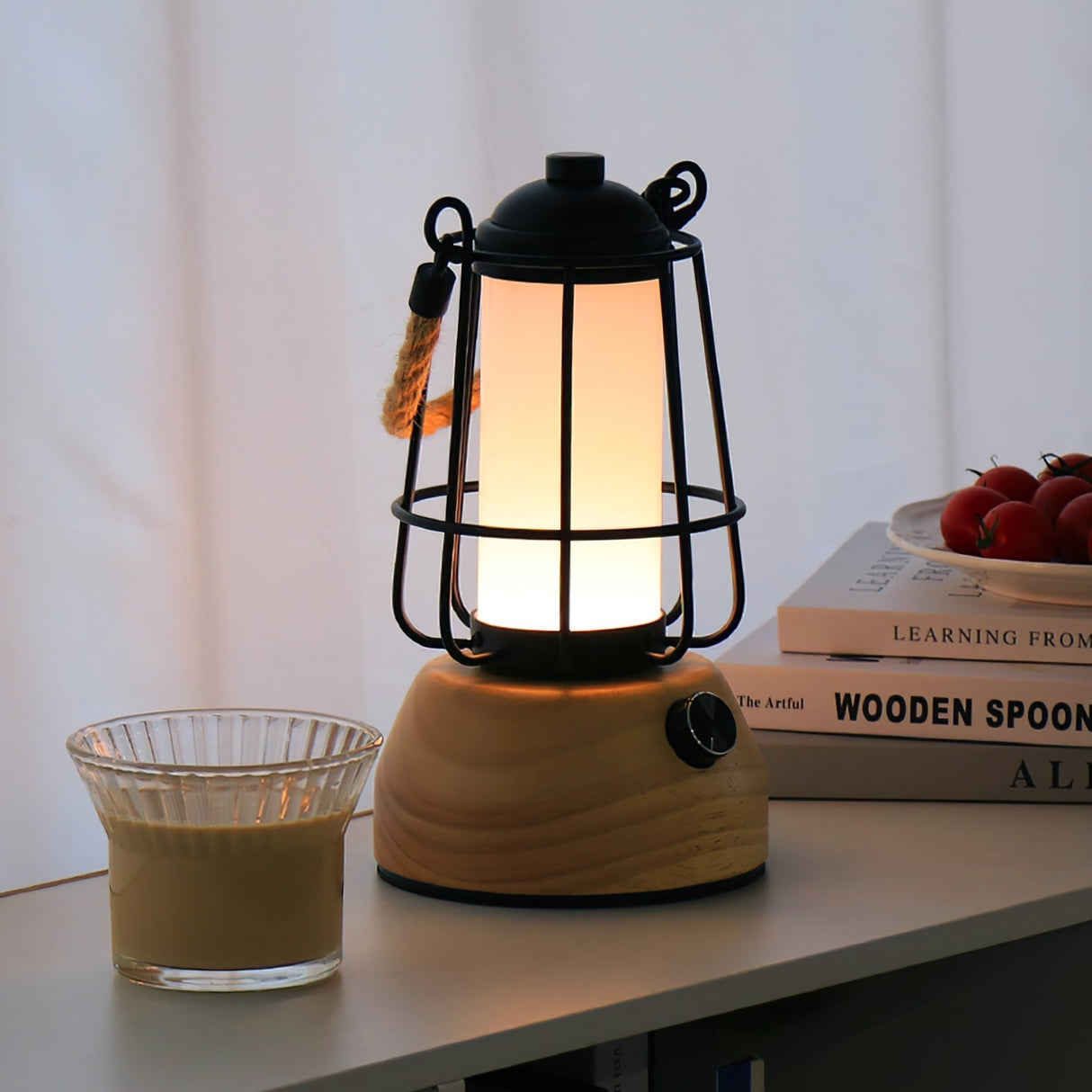 Outdoor Table Lantern  Wooden Base Metal Cage Design - Detailed view