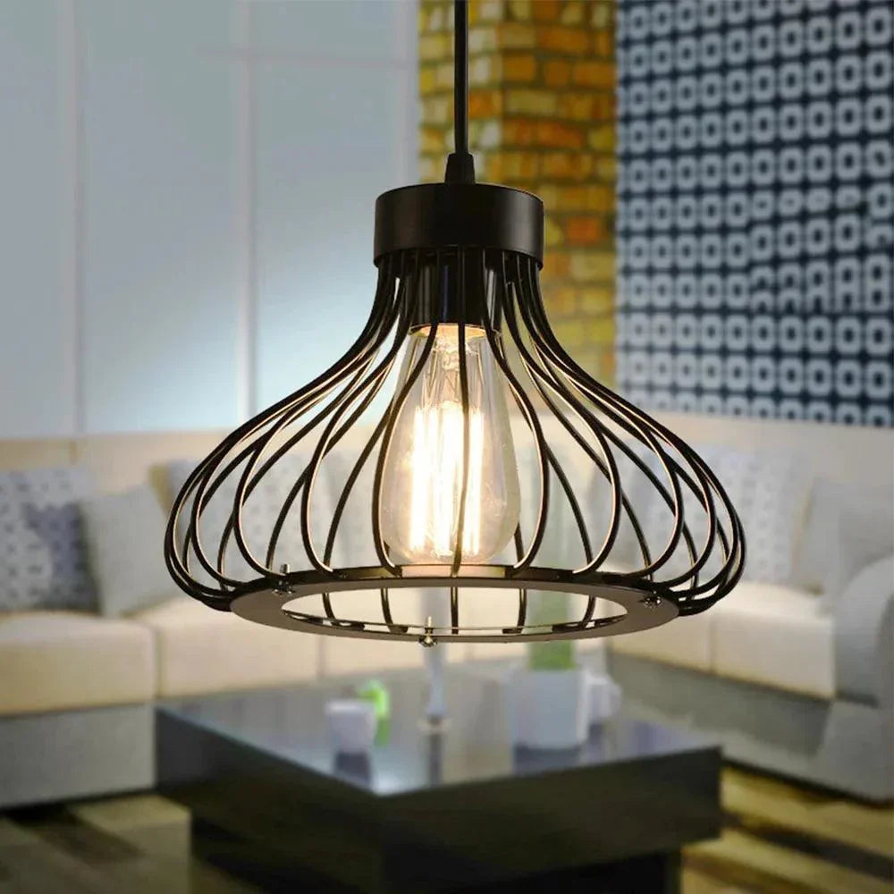 Industrial Pendant Light  Black Metal Cage Design - Detailed view