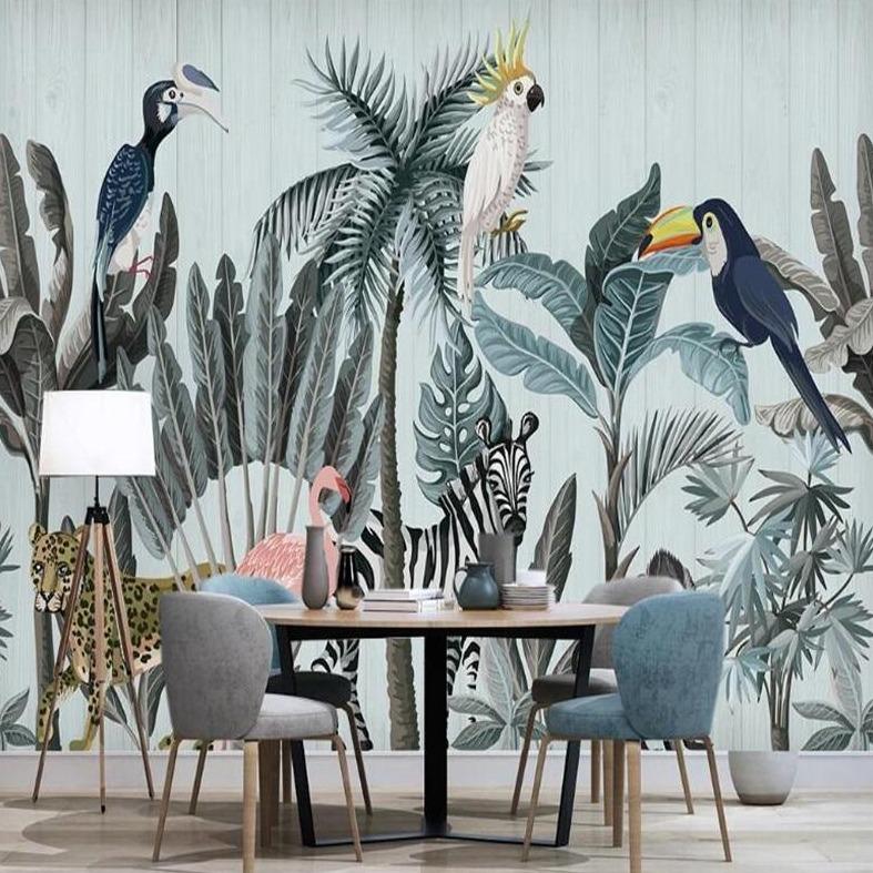 Tropical Wildlife Mural Wallpaper | Jungle Animals and Exotic Birds