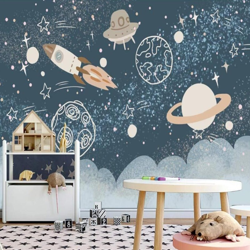 Space Mural Wallpaper | Cosmic Adventure with Rockets and Planets