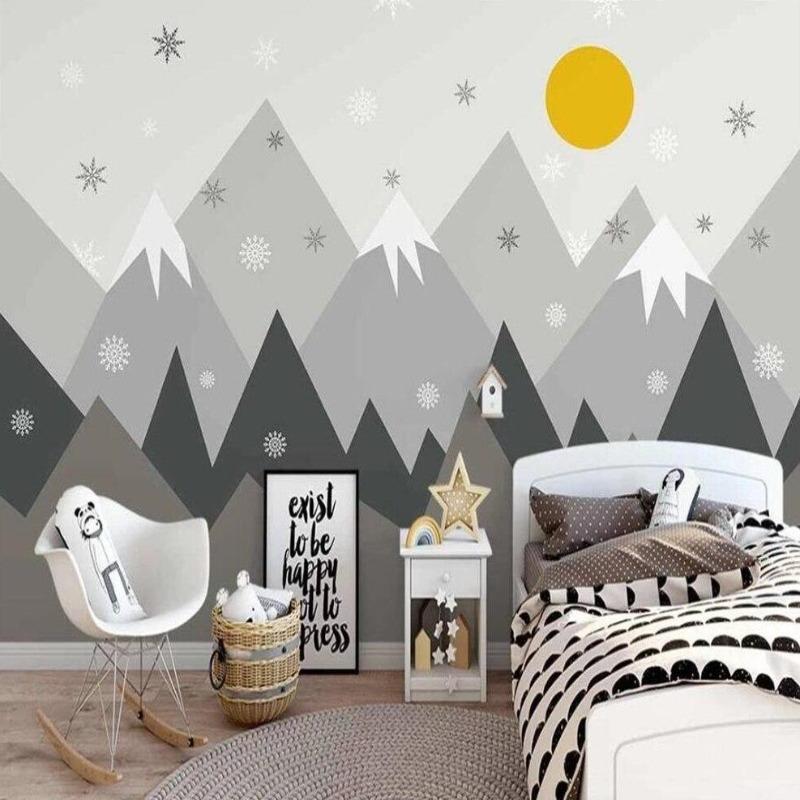 Mountain Mural Wallpaper | Snowy Peaks with Golden Sun