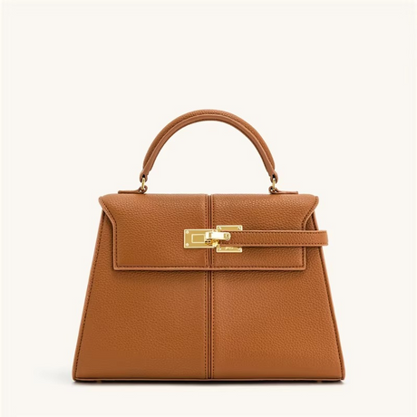 Classic Leather Top Handle Bag  Camel Brown Gold Hardware - Product showcase