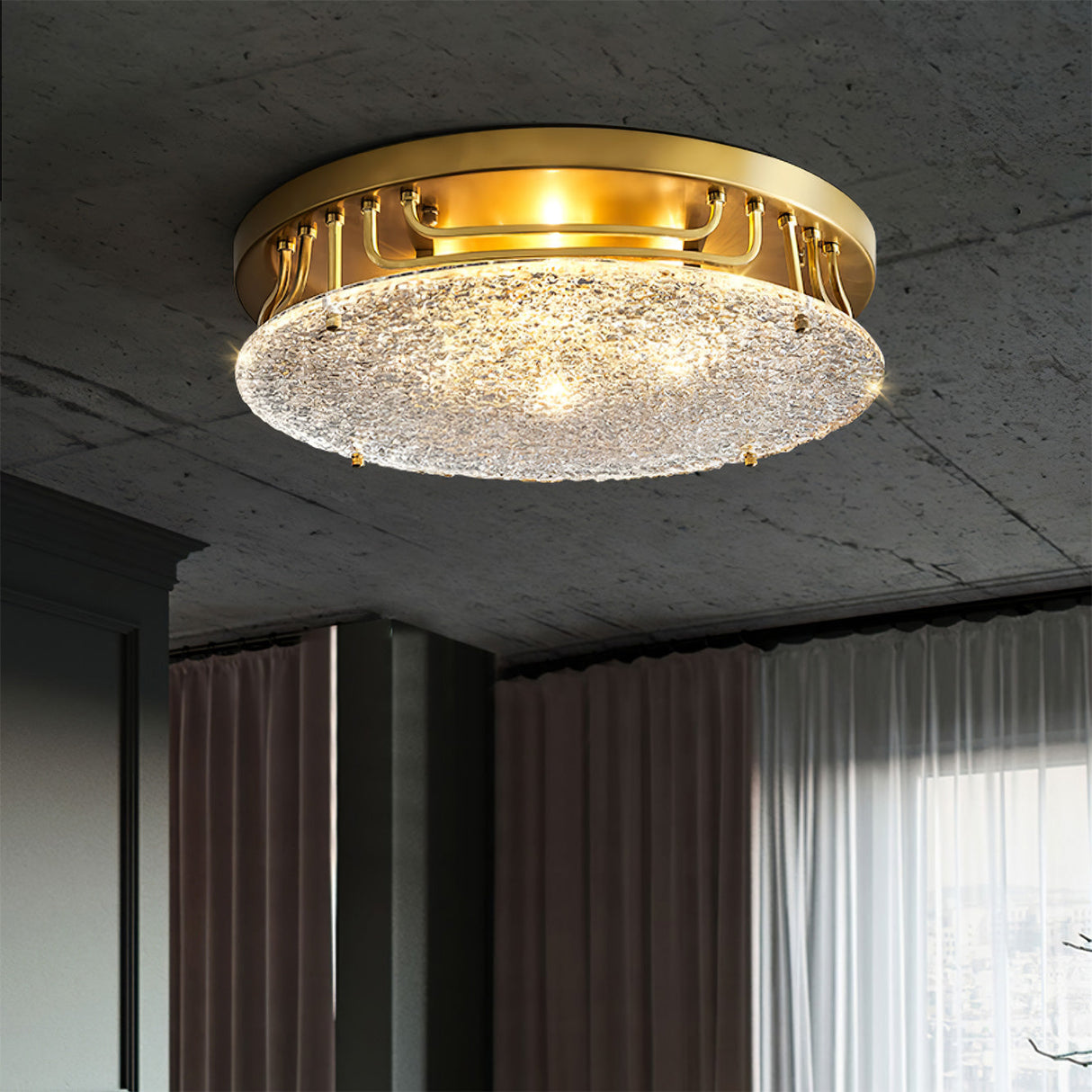 Modern Brass Ceiling Light  Textured Glass Diffuser - Detailed view