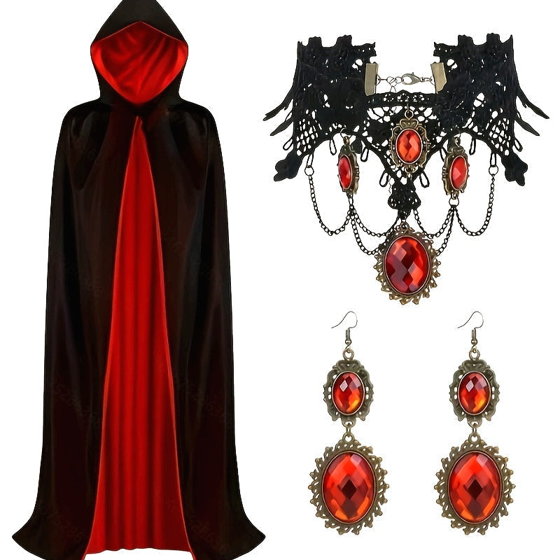 Gothic Halloween Cape  Black  Red Reversible Cloak With Jewelry Set - Product example