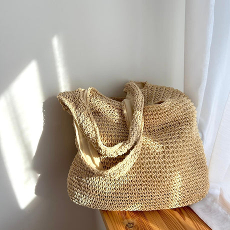 Handwoven Straw Tote  Natural Beige Beach Bag - Product detail 6