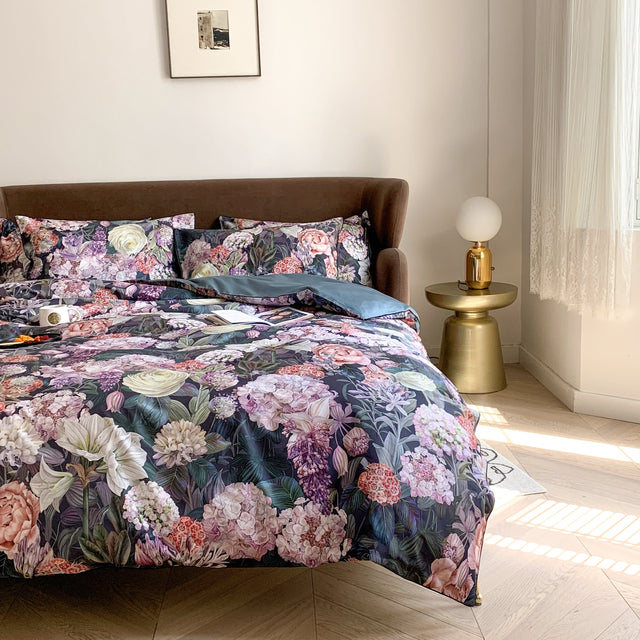 Botanical Cotton Duvet Set  Dark Floral Print Egyptian Cotton - Product showcase