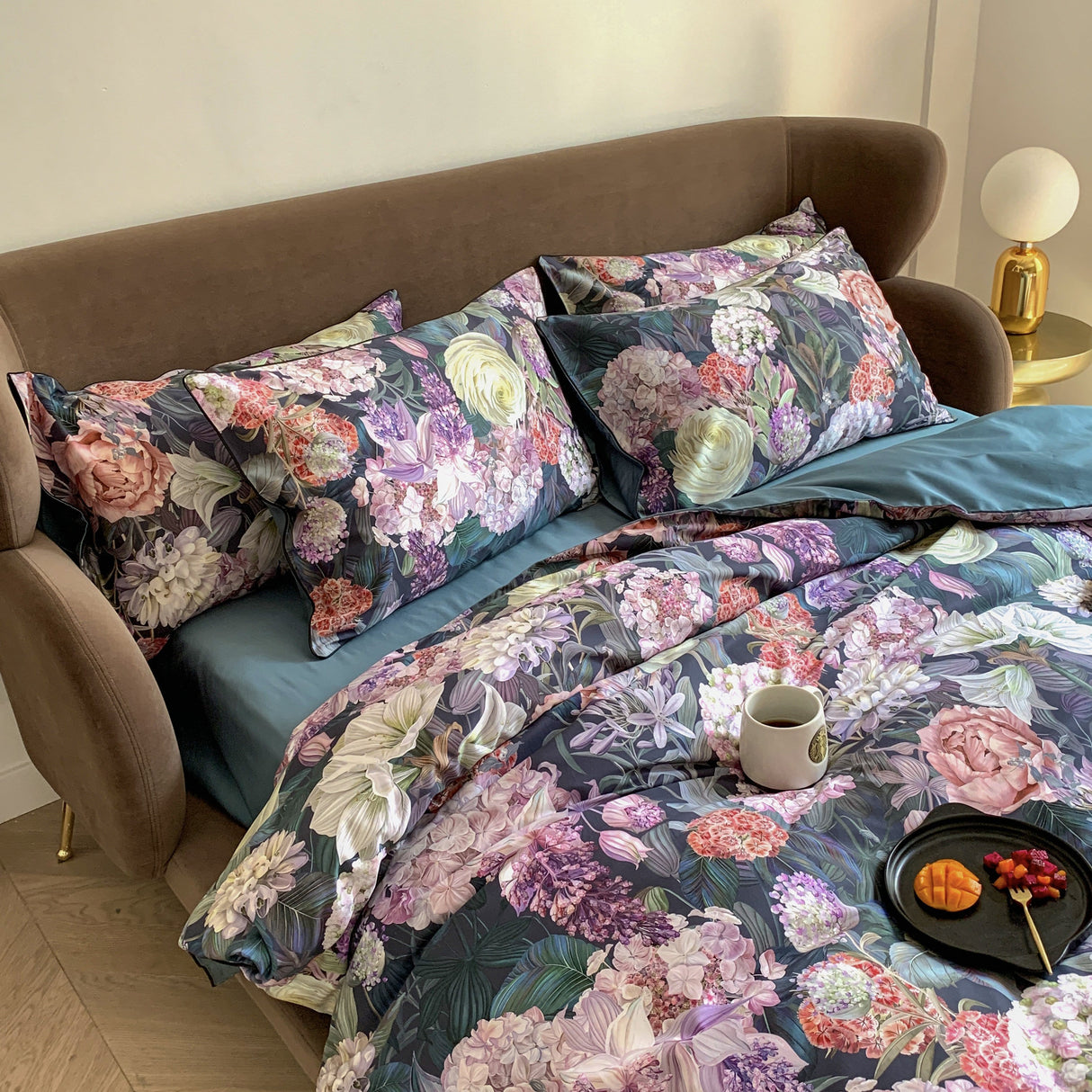 Botanical Cotton Duvet Set  Dark Floral Print Egyptian Cotton - Detailed view