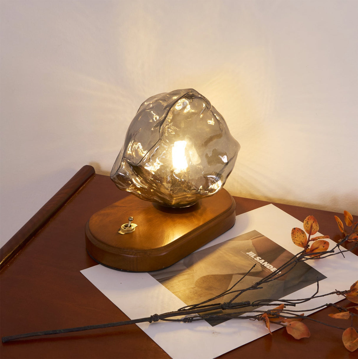 Vintage Table Lamp  Amber Glass Wood Base Design - Product detail 13