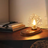 Vintage Table Lamp  Amber Glass Wood Base Design - Detailed view