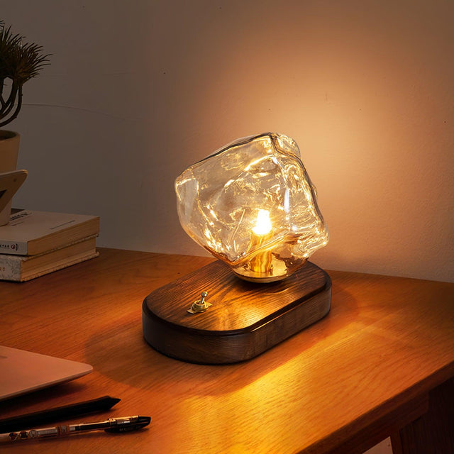 Modern Glass Table Lamp  Ice Crystal Design with Wood Base - Product showcase