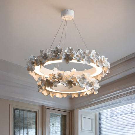 Ceramic Floral Chandelier  Delicate White Blossom Design - Detailed view