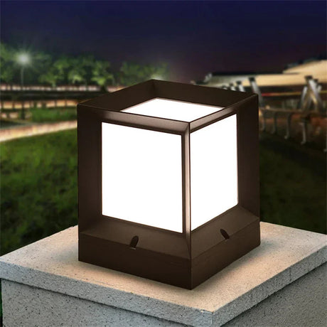Outdoor Post Light  Modern Black Cube Pillar Lamp - Product showcase