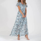 Floral Maxi Dress  Blue Chiffon V-Neck Design - Product showcase