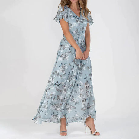 Floral Maxi Dress  Blue Chiffon V-Neck Design - Product showcase