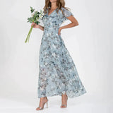 Floral Maxi Dress  Blue Chiffon V-Neck Design - Detailed view