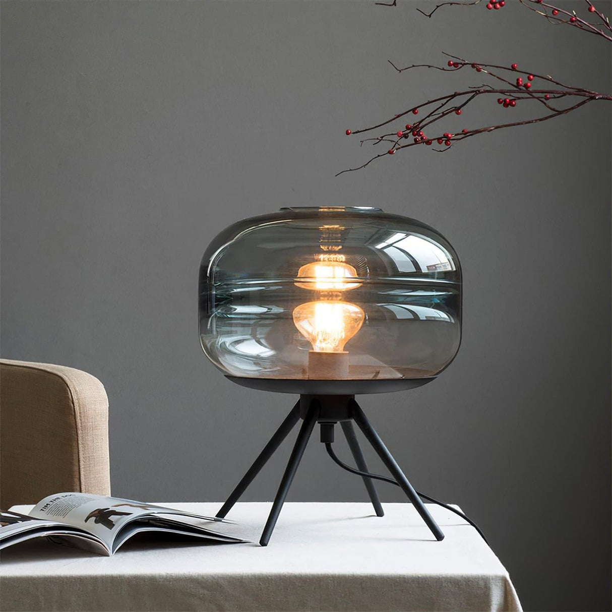Modern Glass Table Lamp  Smokey Dome with Tripod Base - Product detail 4