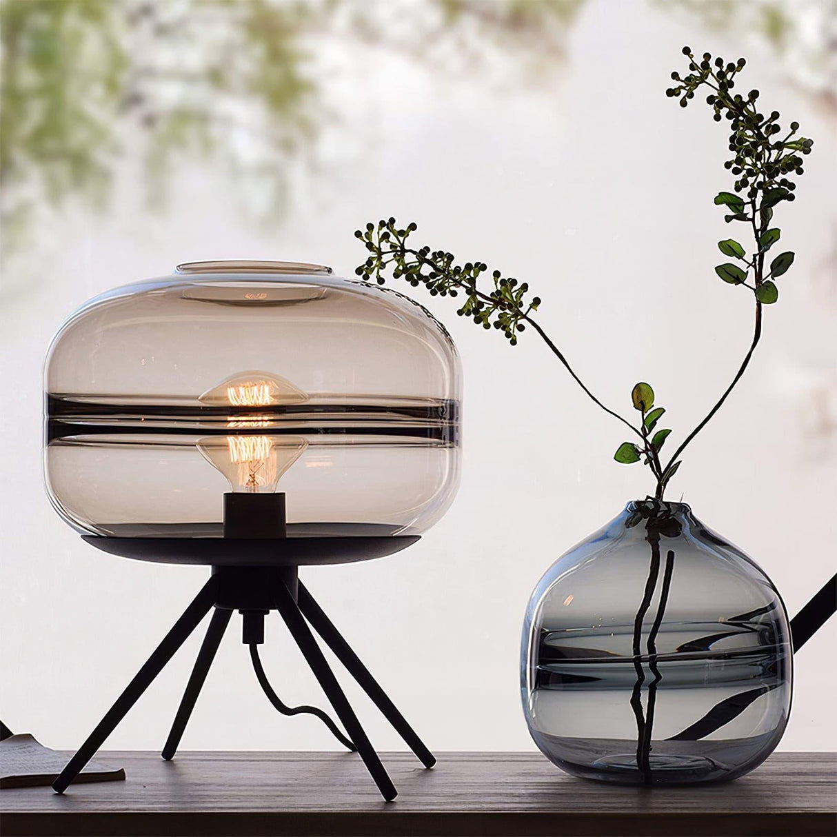Modern Glass Table Lamp  Smokey Dome with Tripod Base - Product detail 6