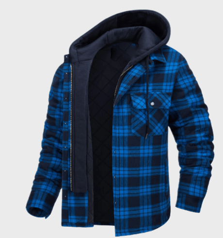 Plaid Hooded Jacket  Blue Quilted Flannel Winter Layer - Product showcase