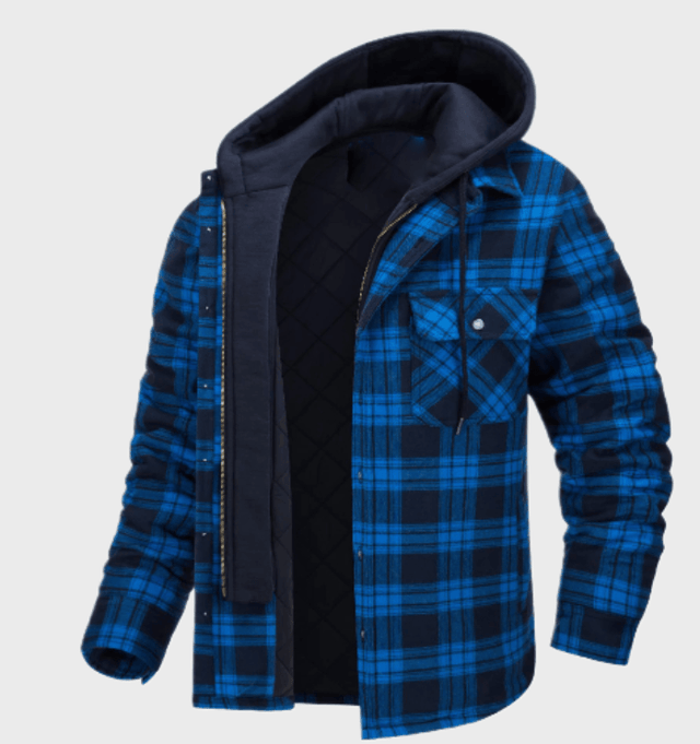 Plaid Hooded Jacket  Blue Quilted Flannel Winter Layer - Product showcase