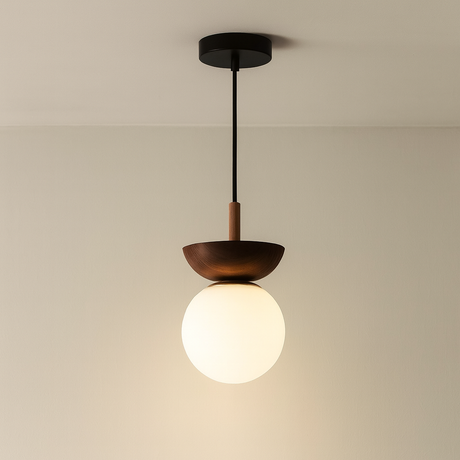 Minimalist Pendant Light  Walnut Wood Globe Design - Product showcase