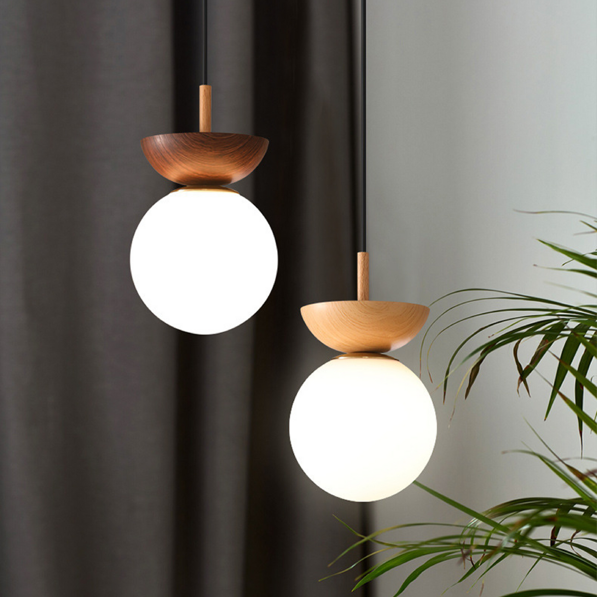 Minimalist Pendant Light  Walnut Wood Globe Design - Detailed view