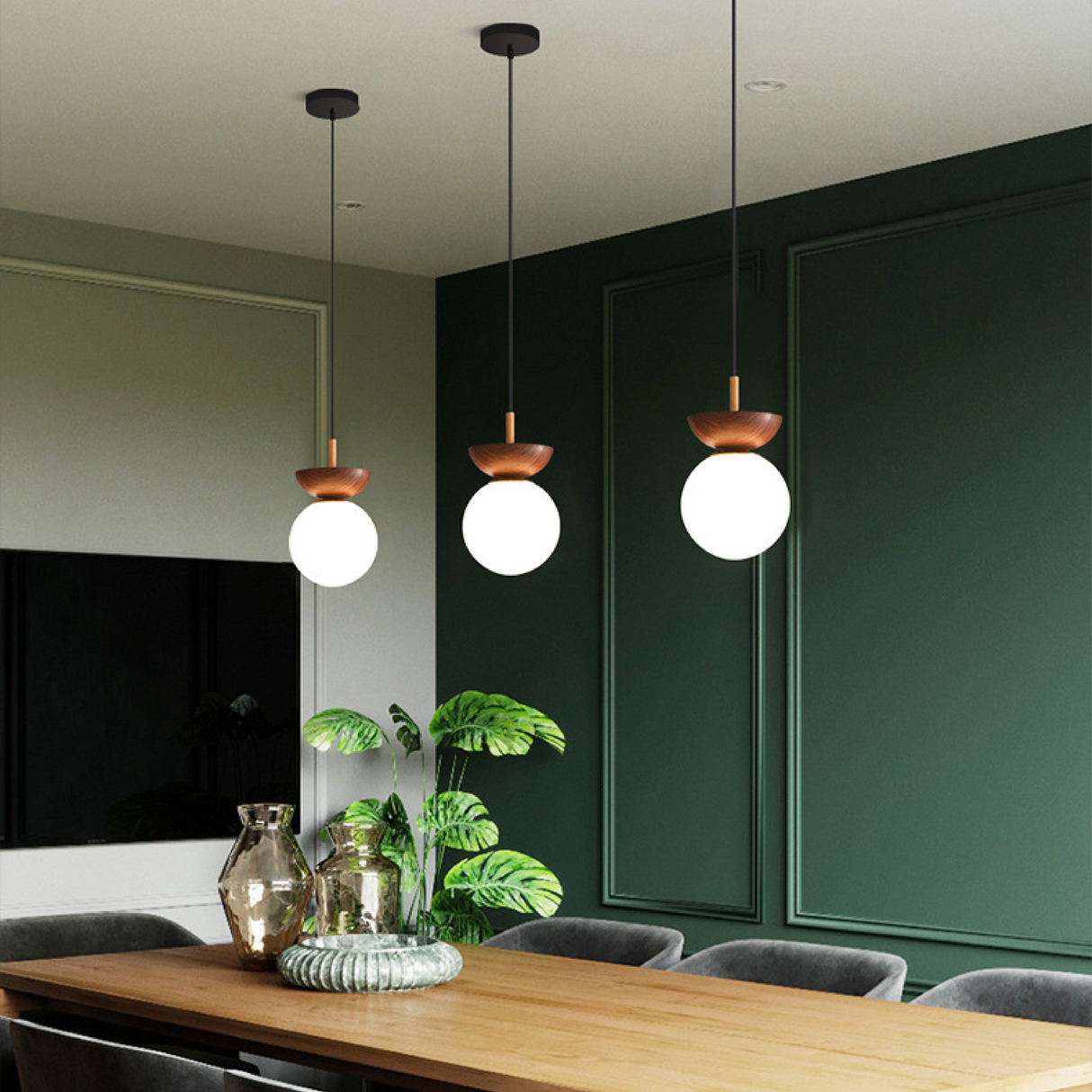 Minimalist Pendant Light  Walnut Wood Globe Design - Product example