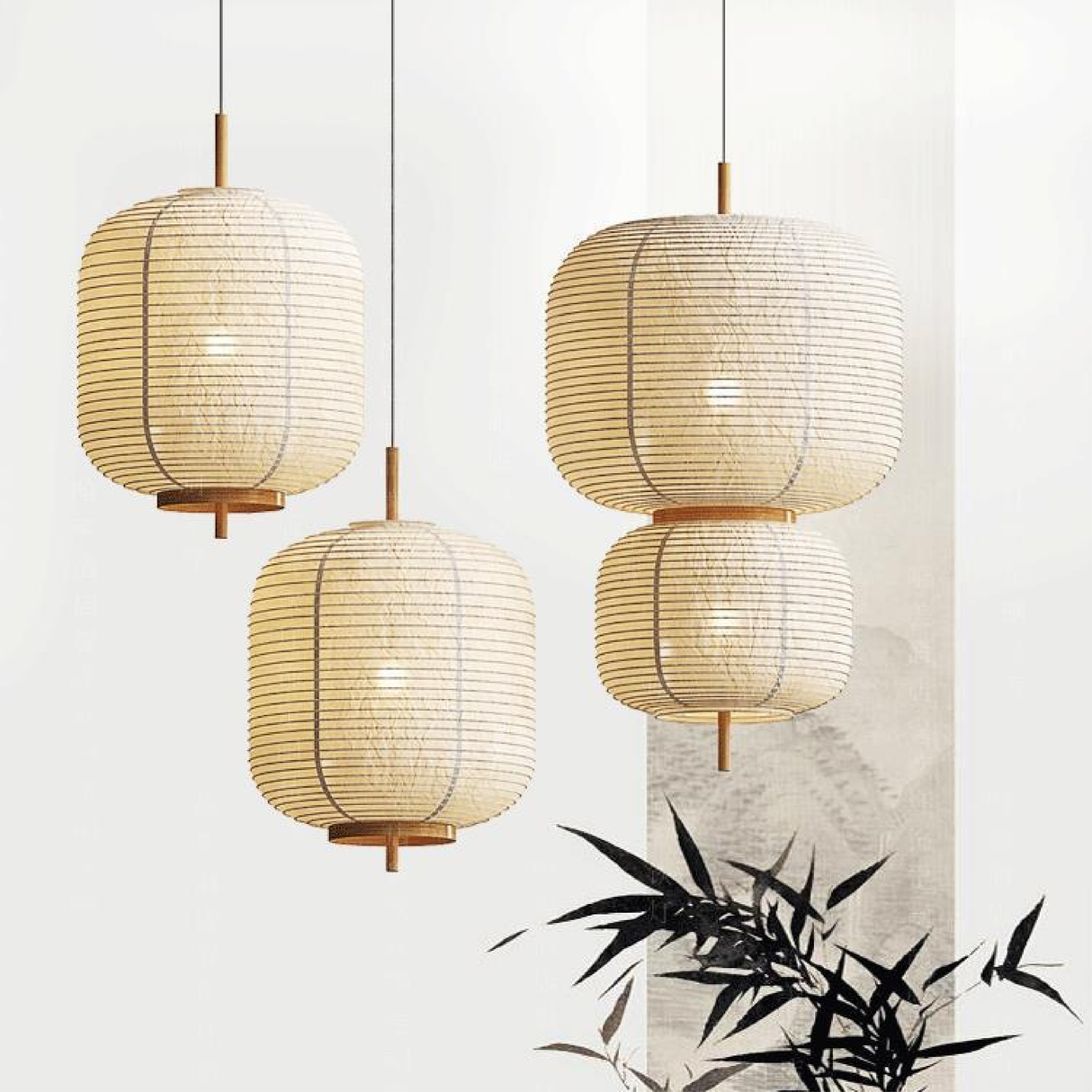 Japanese Rice Paper Pendant Light  Traditional Bamboo Lantern Design - Detailed view