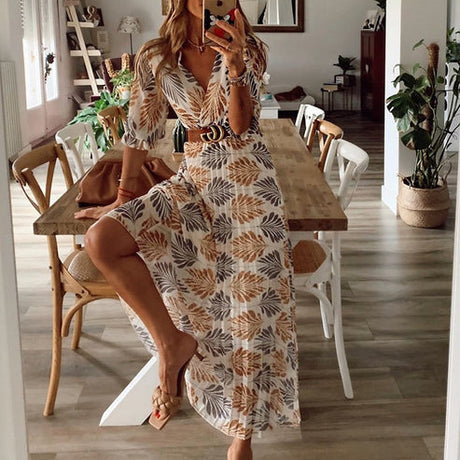 Bohemian Summer Maxi Dress  Palm Print V-Neck Design - Product showcase