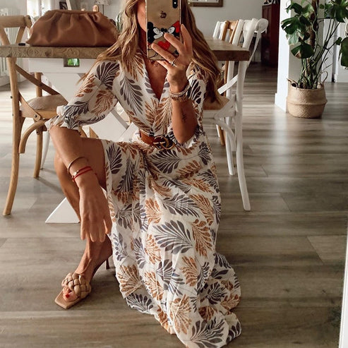 Bohemian Summer Maxi Dress  Palm Print V-Neck Design - Detailed view
