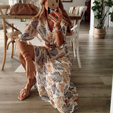 Bohemian Summer Maxi Dress  Palm Print V-Neck Design - Detailed view