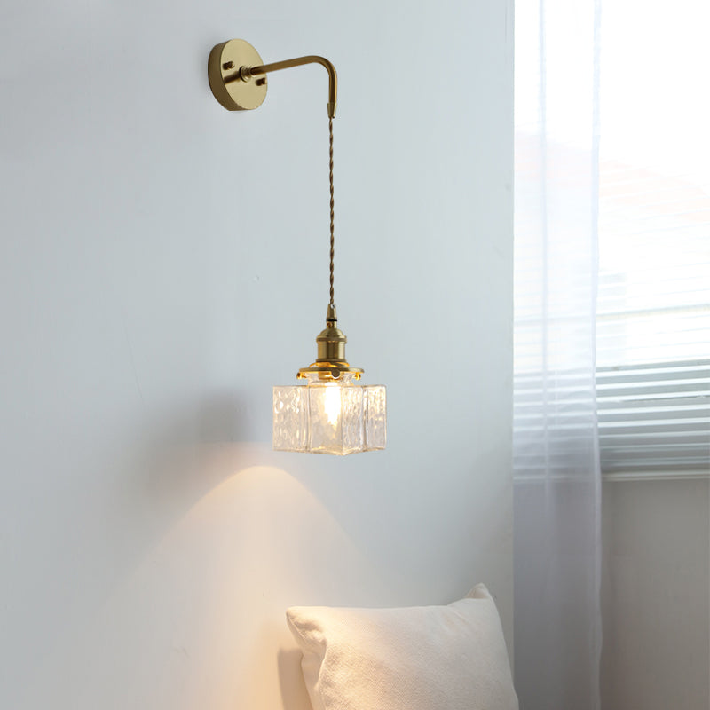 Vintage Wall Sconce  Brass Cube Glass Shade - Detailed view